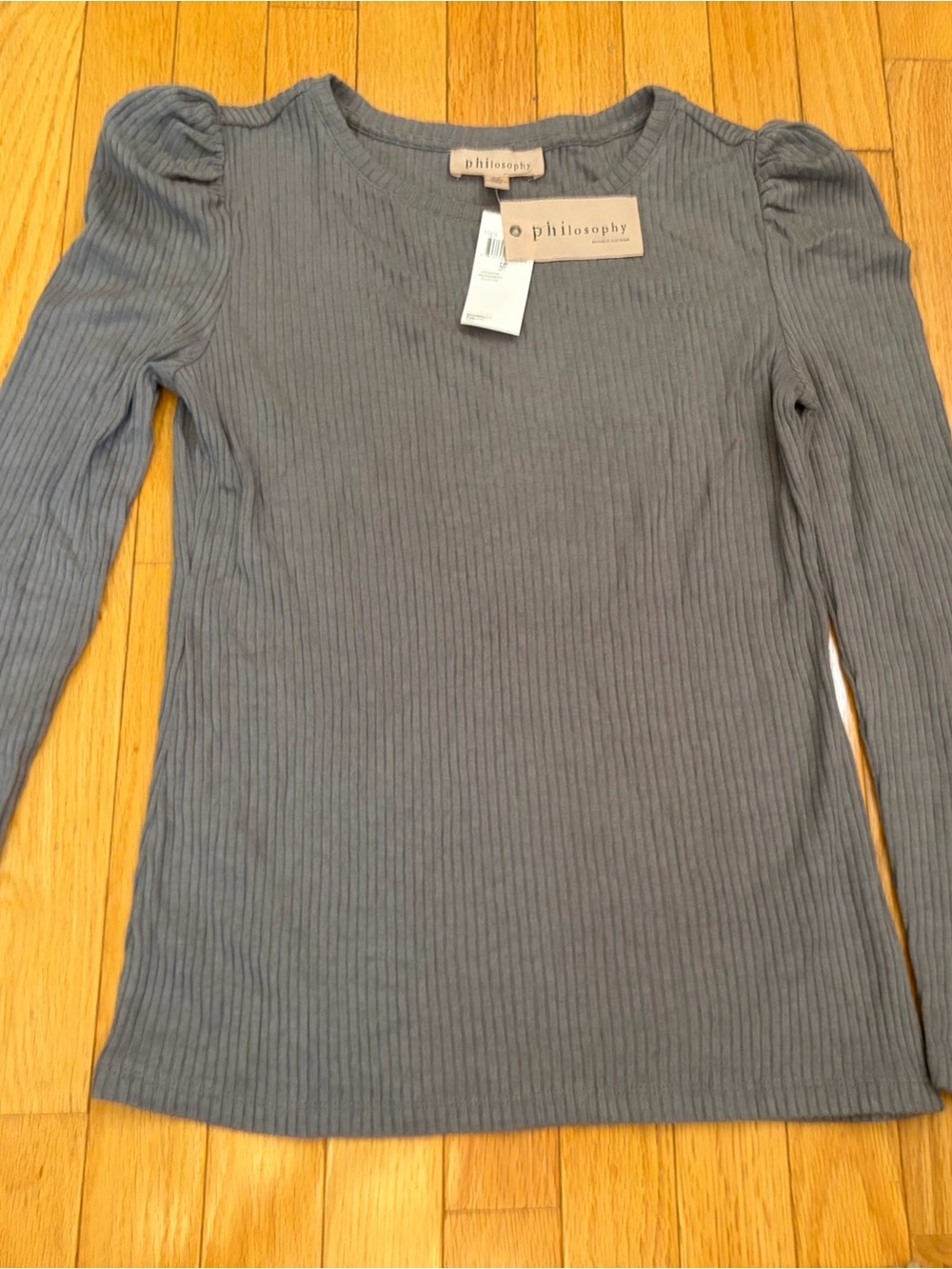 Philosophy Ribbed Puff-Sleeve Long Sleeve Top - Gray